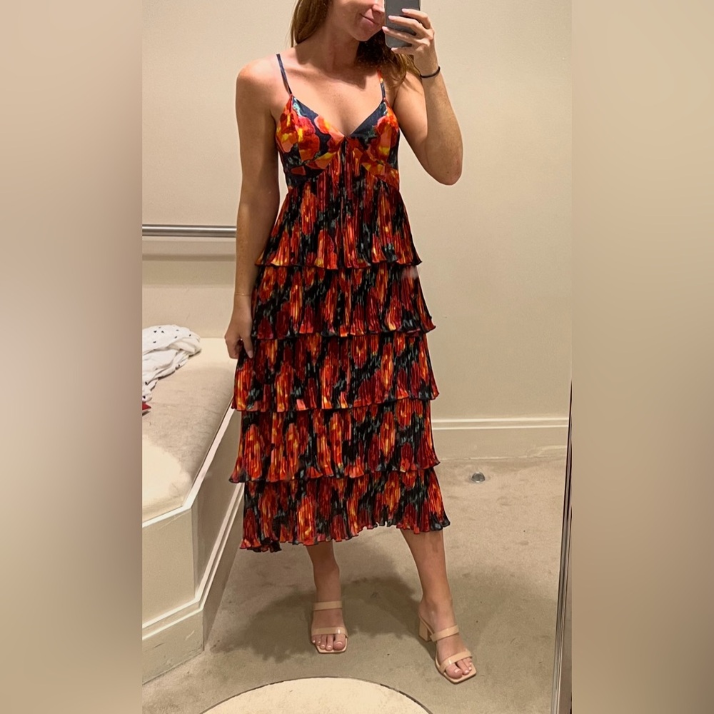 cinq a sept Multicolor Tiered Midi Dress — Red, Orange, Black
